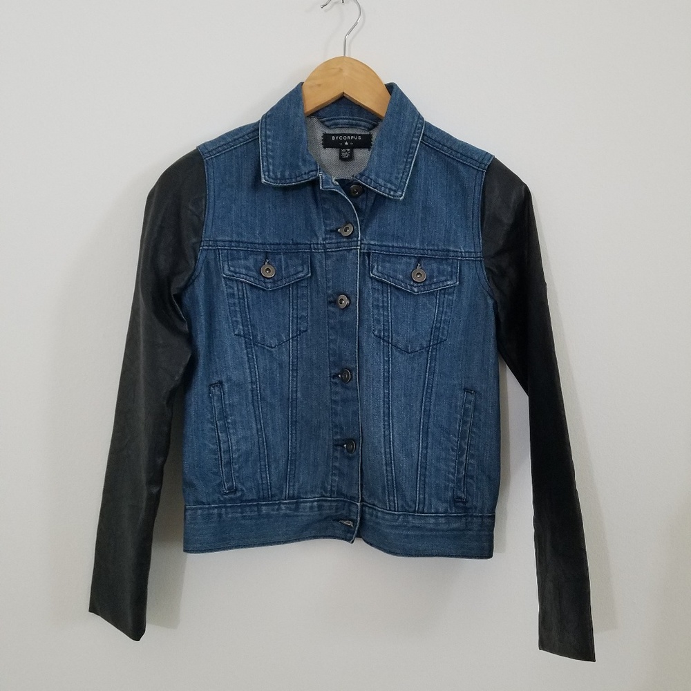 ByCorpus Denim Jacket with Faux Leather Sleeves